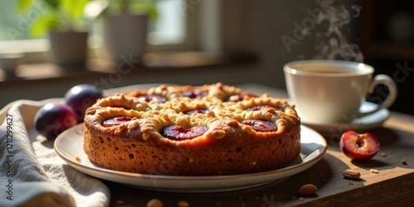 Fototapeta Warm, golden-brown plum cake with a delightful crumb topping, freshly baked and served with a steaming cup of tea on a rustic wooden table