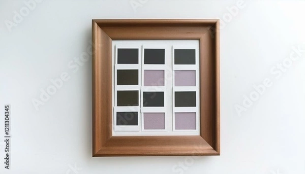 Fototapeta Wooden frame showcasing a collection of grayscale and purple toned photographs.