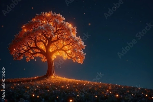 Fototapeta Glittering tree with golden sparkles and soft light, dark, night, glittery