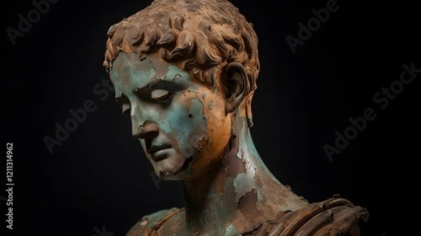 Fototapeta Detailed 3D Render of an Ancient Weathered Roman Bust Sculpture with Visible Cracks and Patina from Centuries of Wear and Erosion