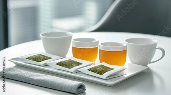 Fototapeta Exquisitely arranged teacups and tray, a serene setting for relaxing teatime two