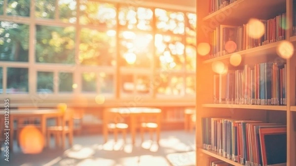 Fototapeta A sunlit library interior with bookshelves and tables, creating a cozy reading atmosphere.