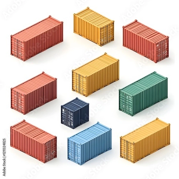 Fototapeta Isometric 3D Arrangement of Colorful Shipping Containers on White Background