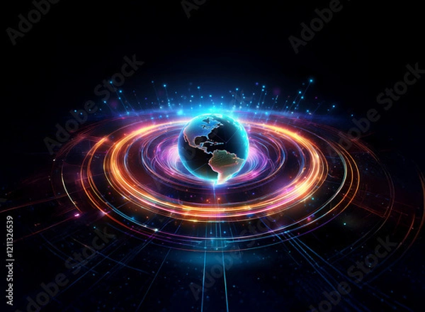 Fototapeta A vibrant, glowing Earth hovers within concentric rings of light, symbolizing global connectivity and technological advancement.  The dark background emphasizes the futuristic, digital aesthetic.