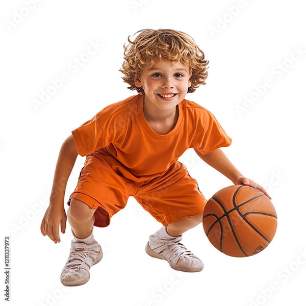 Obraz Young kid playing basketball isolated on transparent background