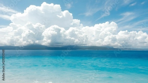 Fototapeta tropical beach with turquoise water and white clouds in the blue sky