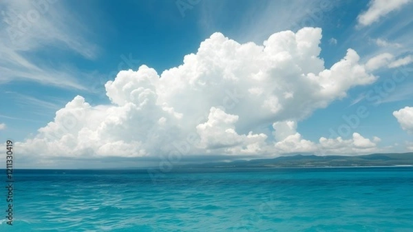 Fototapeta tropical beach with turquoise water and white clouds in the blue sky