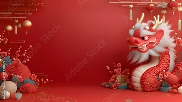 Fototapeta Majestic Chinese dragon head with fluffy fur vibrant tones and intricate details placed against a dynamic background of traditional oriental patterns and red gold hues