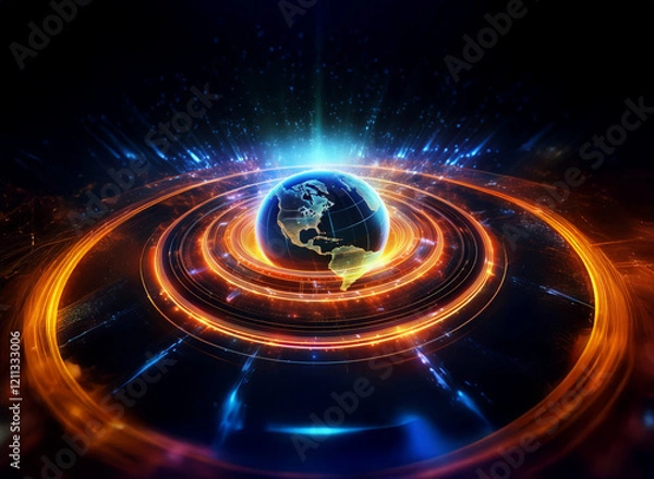 Fototapeta A glowing Earth, encircled by vibrant energy rings, pulses with light and power in a cosmic display.  The scene evokes feelings of technological advancement and global connectivity.