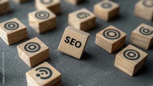 Fototapeta seo relevance Concept. A collection of wooden blocks featuring symbols, with a prominent block displaying the letters "SEO," emphasizing search engine optimization concepts.