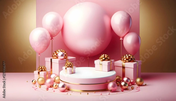 Fototapeta Birthday A birthday scene with two pink balloons placed on the left, a round white platform in the center, an2