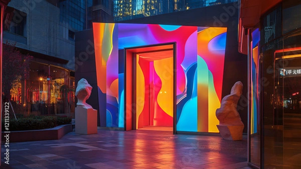 Fototapeta surreal art gallery entrance luminous arch glowing neon portal abstract unique design pattern futuristic architectural design wallpaper door gate sci-fi fantasy myth fiction dream indoor explore
