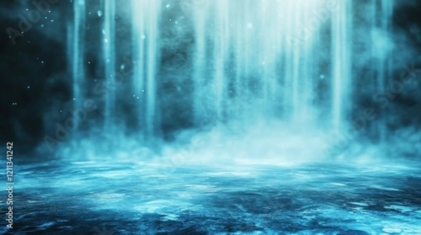 Fototapeta Ethereal blue mist with cascading light effects, creating a serene atmosphere.