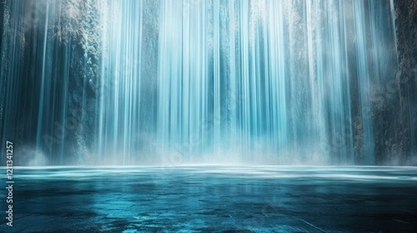 Fototapeta A serene waterfall cascading into a tranquil pool, surrounded by mist and blue hues.