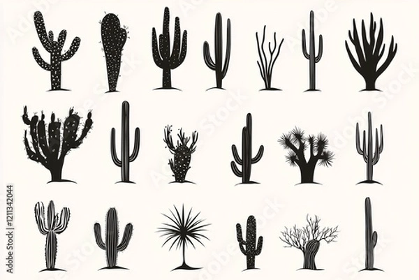 Fototapeta The desert cactus silhouette collection features a variety of unique cacti shapes set against a stark background, perfect for nature-inspired projects.