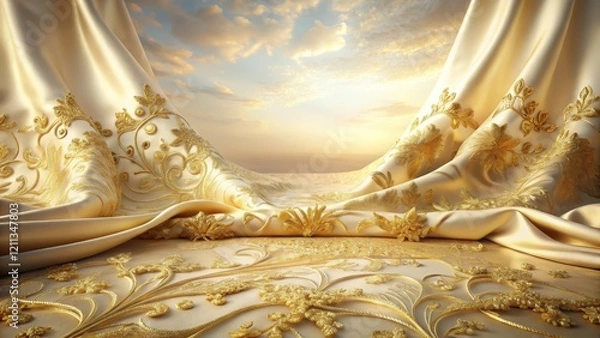 Fototapeta Golden embroidered satin fabric drapes elegantly, showcasing intricate floral patterns against a serene sunset backdrop