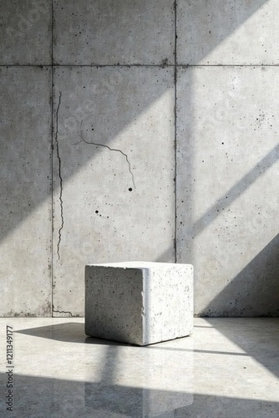 Obraz A Simple Cubic Concrete Block Rests on a Polished Floor Against a Weathered Concrete Wall Bathed in Sunlight