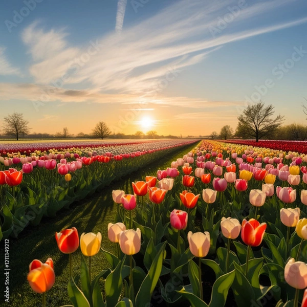 Obraz sunrise sun over red tulip field in North Holland, Netherlands