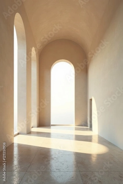 Fototapeta Serene Interior Space with Architectural Arches and Sunlight Streaming Through Windows