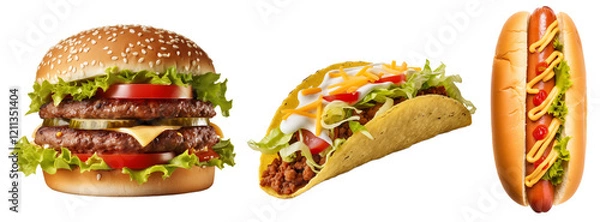 Fototapeta Burger, taco and hotdog isolated on transparent background. Generative ai