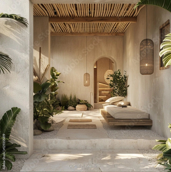 Fototapeta studio with an amazing entrance, plants and zen feeling, but cozy as well, beige, white and light wood tones