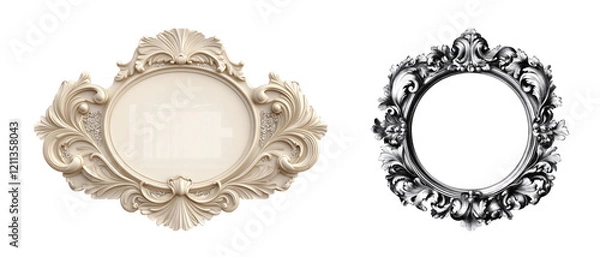 Fototapeta Two ornate picture frames, one beige and one black, showcasing intricate designs and empty interiors, ideal for displaying art.