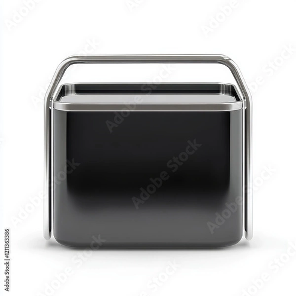 Fototapeta Modern black metal lunch box with handle isolated on white background minimalistic design