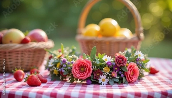 Fototapeta A Gorgeous Picnic Setting with Fresh Fruit and a Flower Crown on a Checkered Tablecloth
