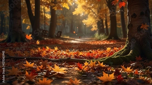 Fototapeta Magical Autumn Forest Path with Golden Sunlight and Mist V1