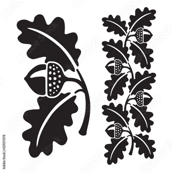 Obraz Czarno-biały ilustracja stylizowana żołędzie i liście dębu. Na białym tle