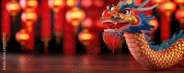 Fototapeta Chinese new year celebration idea. Vibrant dragon decoration with red lanterns for cultural festival celebrations.