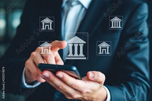 Fototapeta Person using a smartphone to access online banking services.  Multiple bank building icons appear on the screen, illustrating ease of mobile banking and financial management.