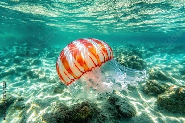 Fototapeta red and white jellyfish slowly floating in the clear water, its vibrant colors and soft, flowing tentacles creating a tranquil and mesmerizing scene in the deep sea