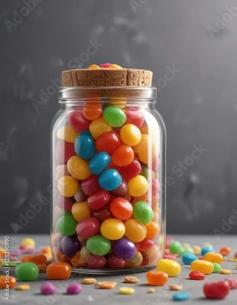 Fototapeta colorful jelly candies poured into a clear glass jar with a cork stopper, colorful confectionery, decorative bottles, clear glass jar