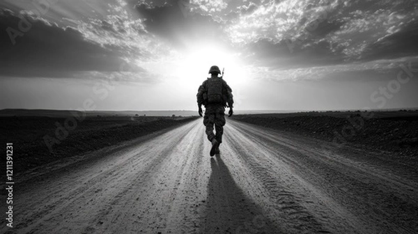 Obraz A lone soldier walks down a long dirt road under a bright sky in black and white