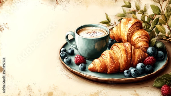 Fototapeta Cup of coffee with croissants and berries on vintage background. Space for text