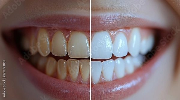 Obraz The image shows a before-and-after comparison of teeth whitening, highlighting the transformation from stained, yellowish teeth to bright, white teeth, showcasing dental care and cosmetic improvement