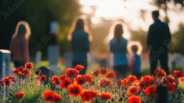 Obraz A family in silhouette visits a war cemetery, with red poppies in the foreground at sunset