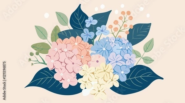 Fototapeta Vibrant Hydrangea Bouquet Flat Vector Illustration