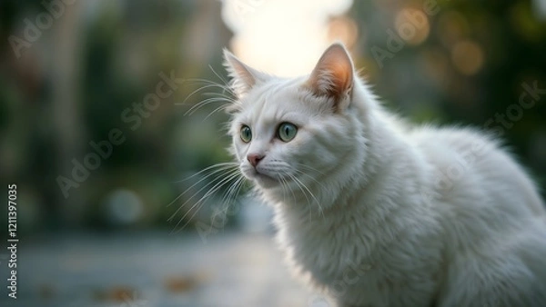 Fototapeta White Stray Cat Green Eyes Close-Up, Animal Portrait Photography for Adobe Stock