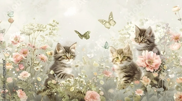 Fototapeta Whimsical and vibrant cat wallpaper with playful kittens in an imaginative, colorful environment