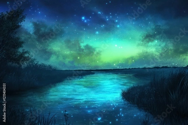 Obraz Serene Night River Scene Under Starlit Sky