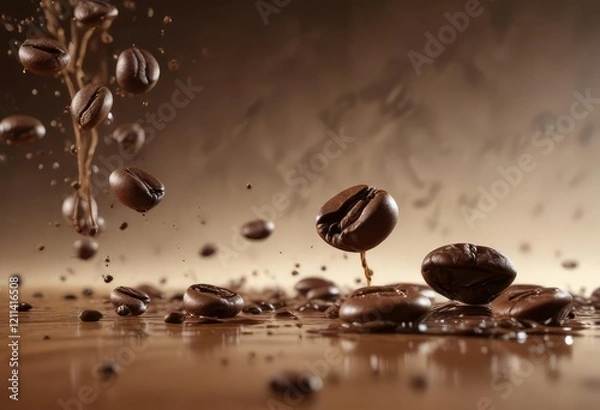 Fototapeta Coffee bean pieces suspended in a deep brown-colored liquid with a slight gradient , container, piece, bean