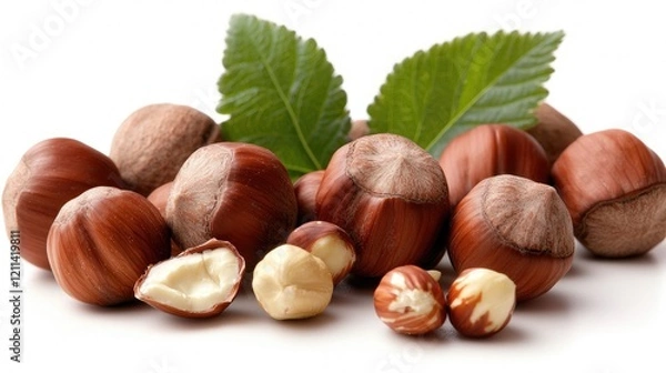 Obraz Hazelnuts with leaves, isolated on white; food background, healthy snack