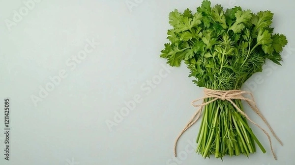 Fototapeta Mindful Eating Concepts. Fresh cilantro bundle tied with twine on a light background.