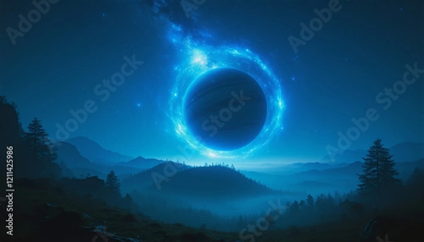 Fototapeta A digital artwork depicting a celestial scene with a large planet surrounded by a ring of stars.