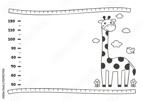 Obraz キリンと一緒に成長を記録！可愛い手描きの身長計イラスト