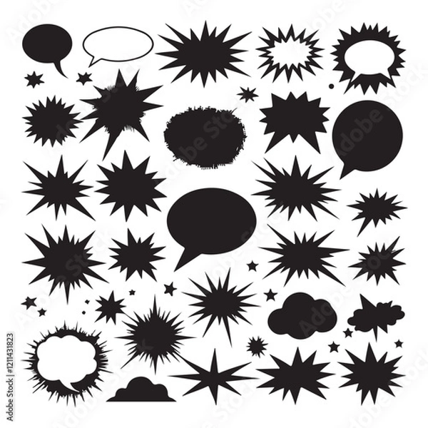 Fototapeta Comic explosion speech bubble vector shapes, speech bubble silhouettes vector set, starburst designs in black. Ideal for graphic design,pop art, illustrator EPS, illustrator EPS 10