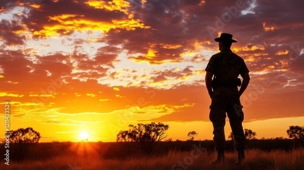 Obraz A sunset over the Australian outback with the silhouette of a soldier standing, representing the ANZAC spirit, emotional landscape photography with natural lighting 