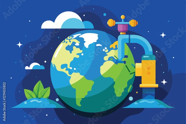 Fototapeta A vibrant illustration shows the Earth with a tap pouring water, symbolizing global access to clean water fill the earth with tap water
